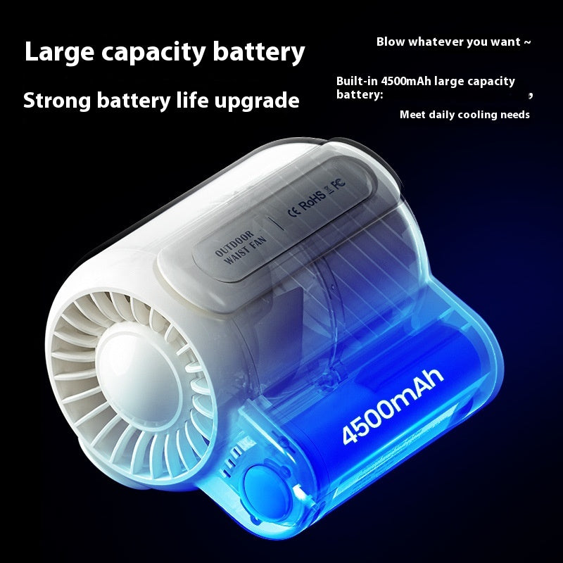 Portable fan with 4500mAh battery capacity on a black background