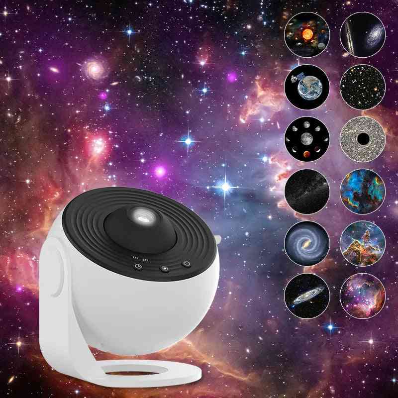 Star projector with celestial designs on a space-themed background