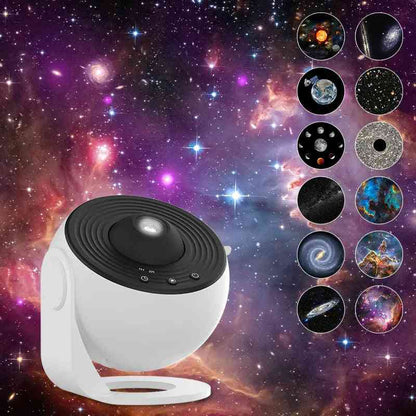 Star projector with celestial designs on a space-themed background