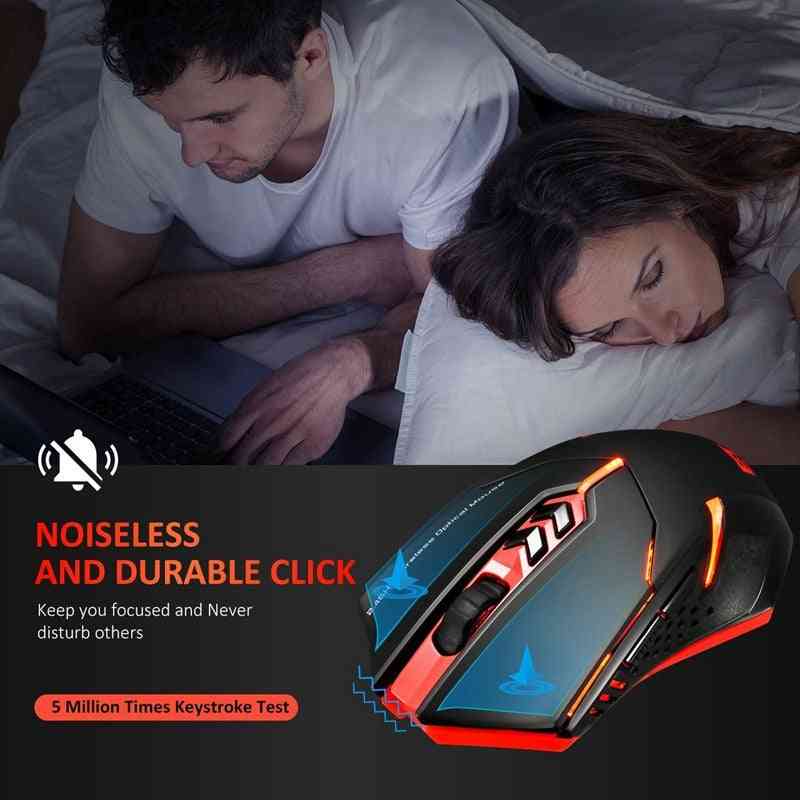Two people lying on a bed using a laptop with a noiseless and durable click mouse displayed below.