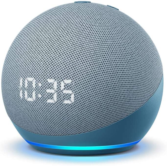 Smart speaker with digital clock display on a white background