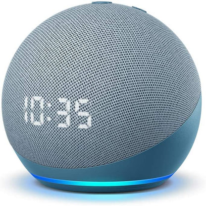 Smart speaker with digital clock display on a white background