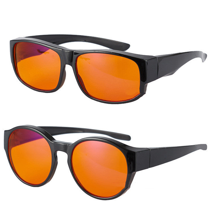Two pairs of sunglasses with black frames and orange-red lenses on a white background.