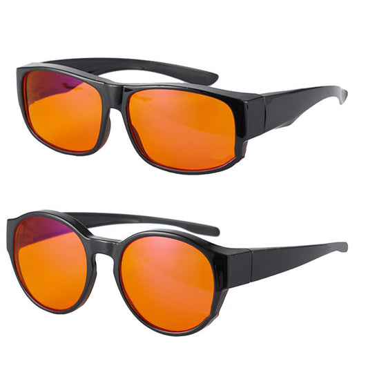 Two pairs of sunglasses with black frames and orange-red lenses on a white background.