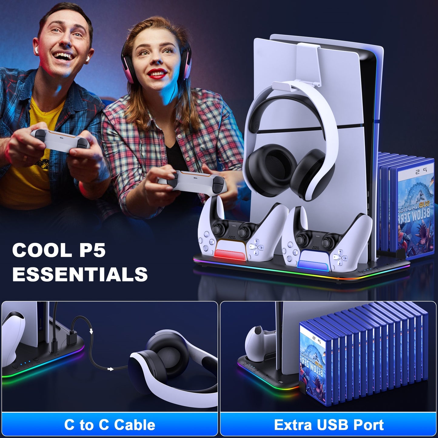 Gaming setup with controllers, headset, and gaming accessories on a dark background