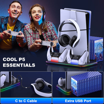 Gaming setup with controllers, headset, and gaming accessories on a dark background