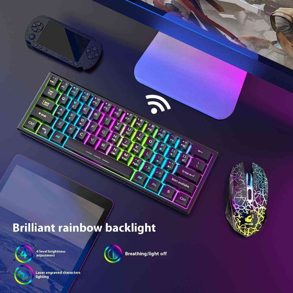 Gaming keyboard with colorful backlighting on a desk with a mouse and other peripherals.