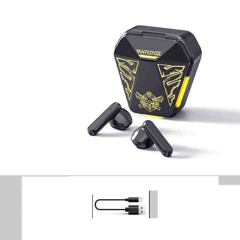 Black wireless earbuds with charging case and cable on a white background