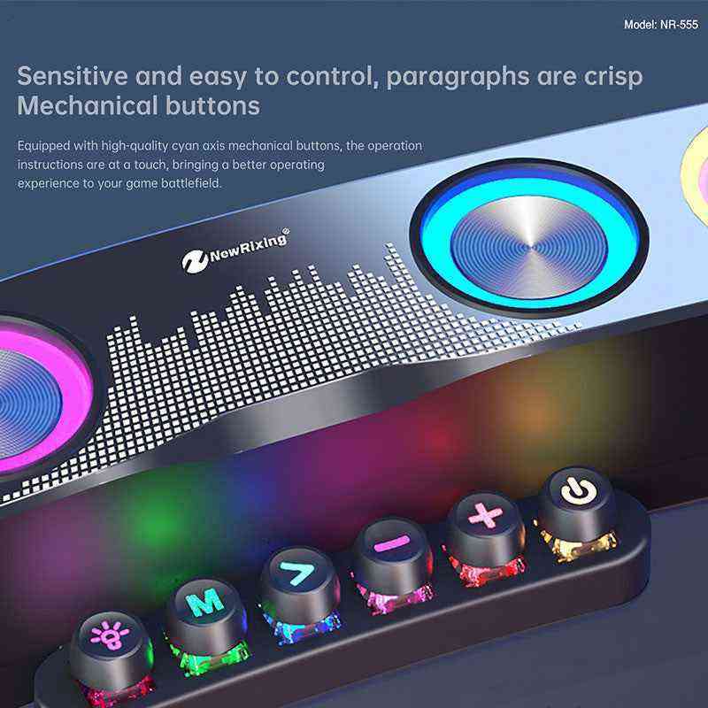 NewRixing gaming Bluetooth speaker control panel with colorful LED buttons and brand logo