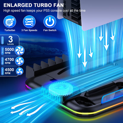 Turbo fan for PS5 console with blue lighting and text highlighting features.