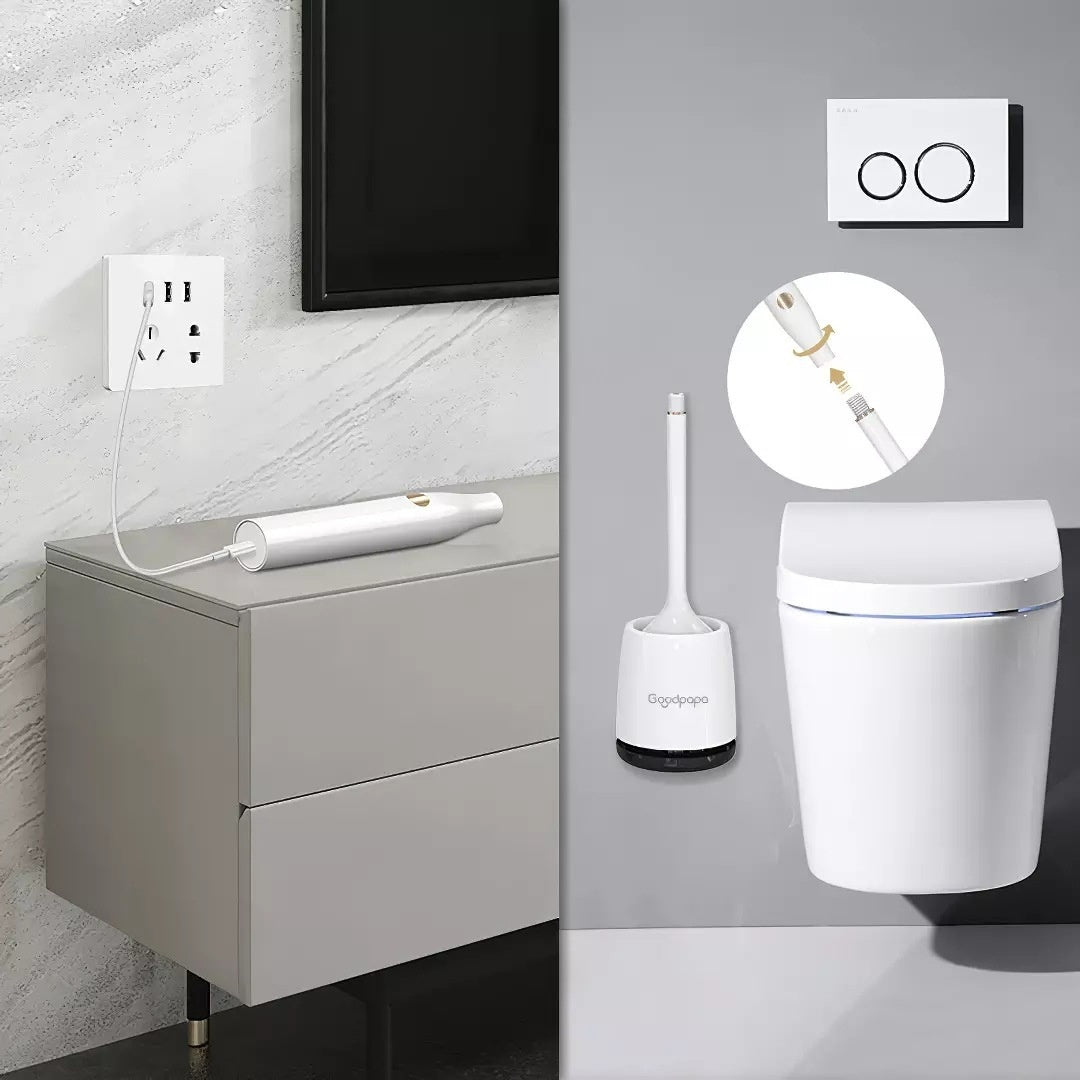Bathroom setting with a toilet, cleaning brush, and wall-mounted control panel.