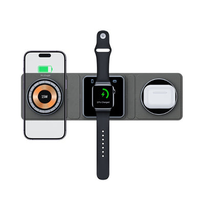 Multi-device wireless charging station with smartphone, smartwatch, and airpods on a white background