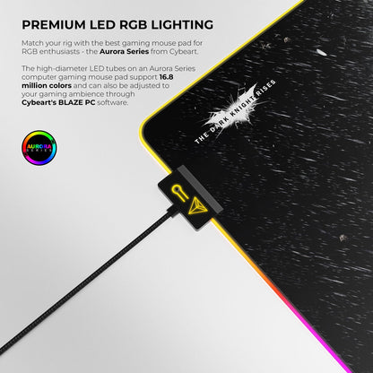 Gaming mouse pad with LED RGB lighting and text about the Aurora Series from Cybeart.