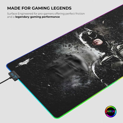 Mouse pad with superhero design and text about gaming performance on a light gray background