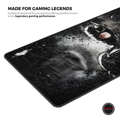 Gaming mouse pad with superhero design and text about gaming performance