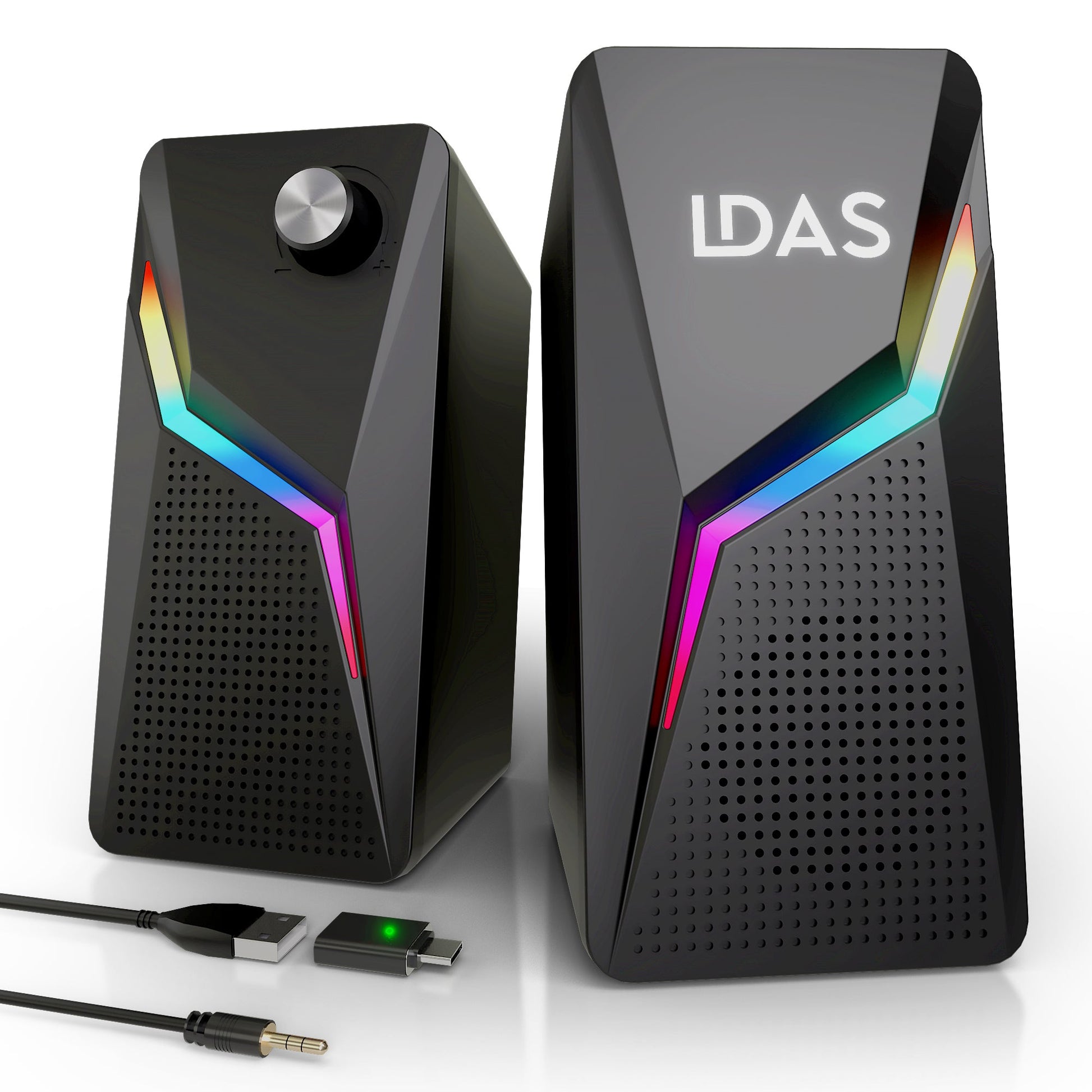 Black computer speakers with RGB lighting and USB cable on a white background