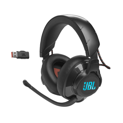 Black gaming headset with USB adapter on a white background, featuring JBL branding.