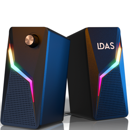 Pair of RGB lighting computer speakers with 'LDAS' branding on a white background