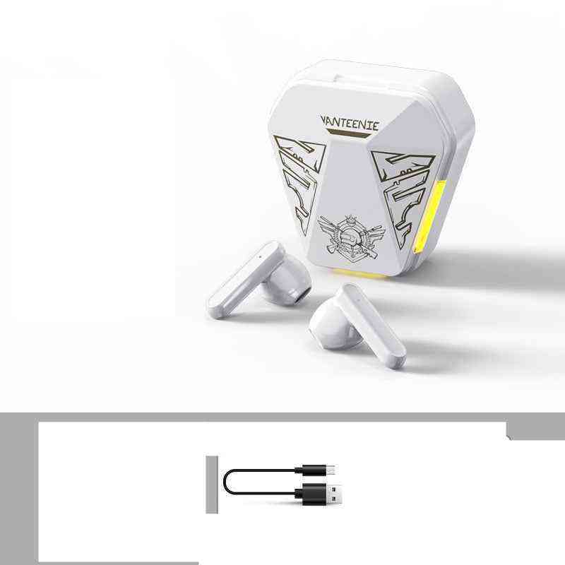 White wireless earbuds with charging case and USB cable on a white background