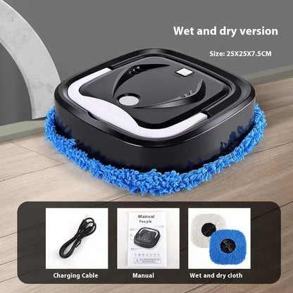 Robotic vacuum cleaner with blue brush head on a wooden floor, showing included items below.