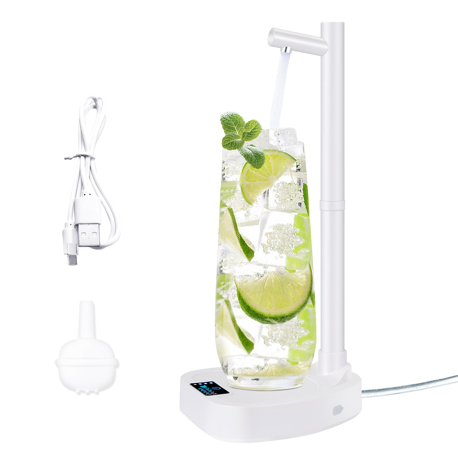 White USB humidifier with a glass of water infused with lime and mint on a white background