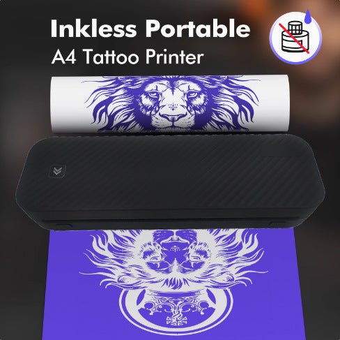 Inkless portable A4 tattoo printer with a lion design on a purple surface.