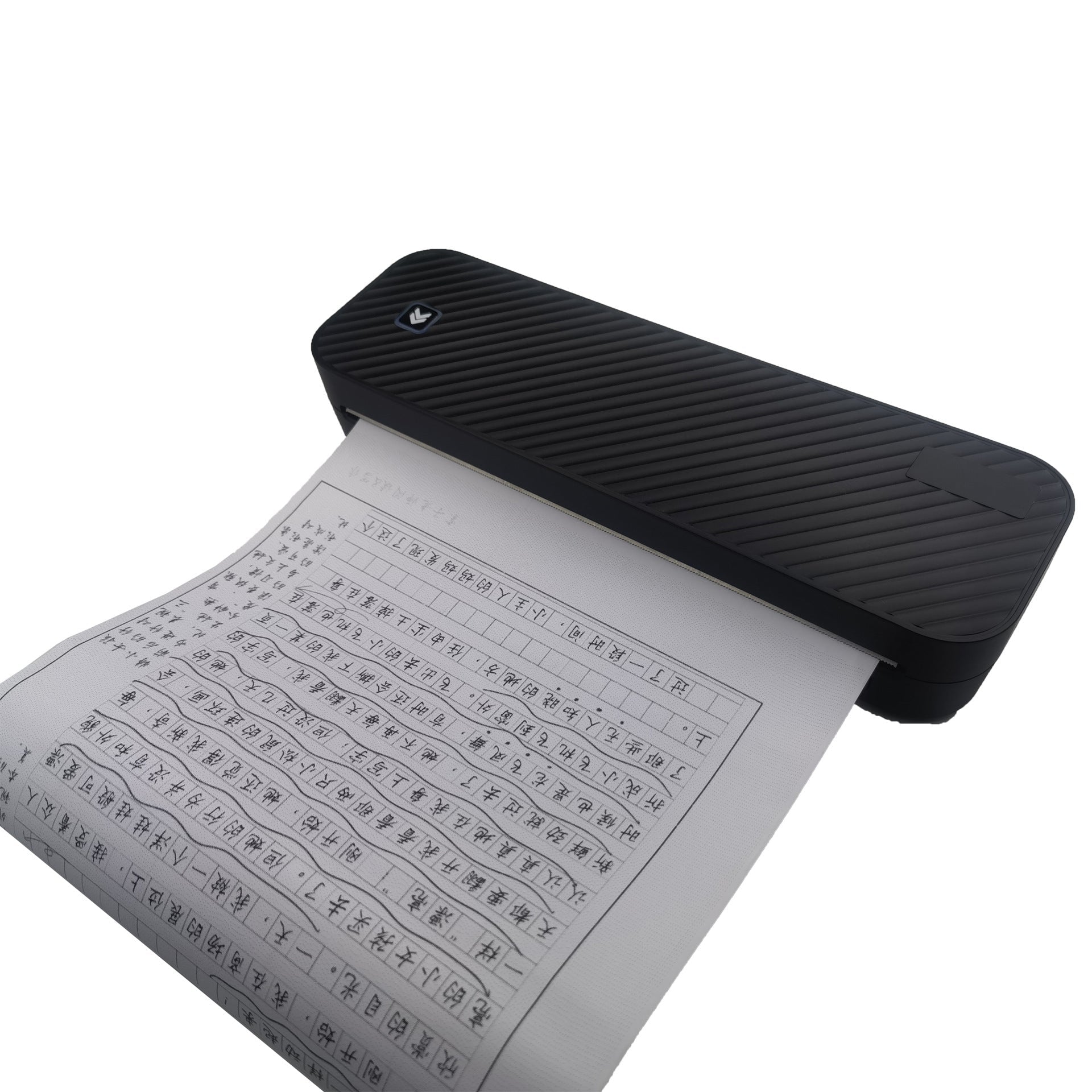 Black document scanner with paper on a white background