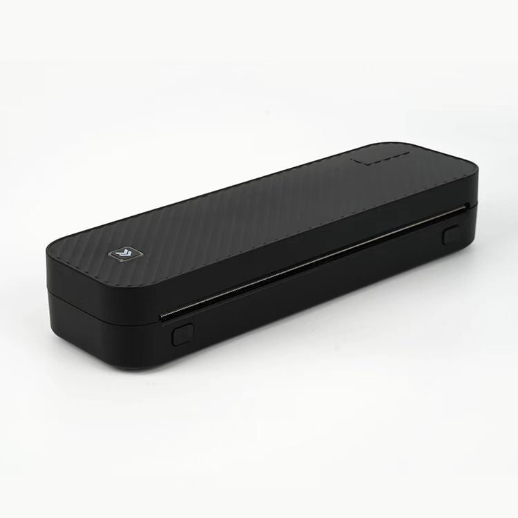 Black electronic device with a brand logo on a white background