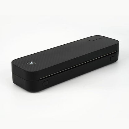 Black electronic device with a brand logo on a white background