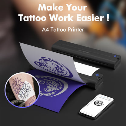 A4 tattoo printer with a sample tattoo design on paper, smartphone, and close-up of tattoo on skin.