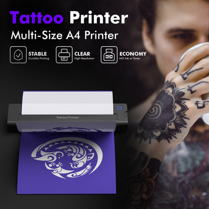 Tattoo printer with a printed design on purple paper, next to a person with tattoos.