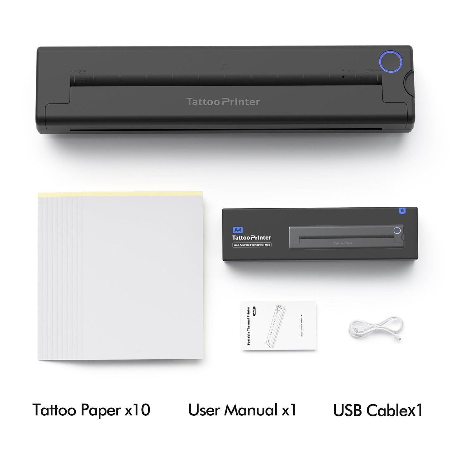 Tattoo printer with accessories including tattoo paper, user manual, and USB cable on a white background.