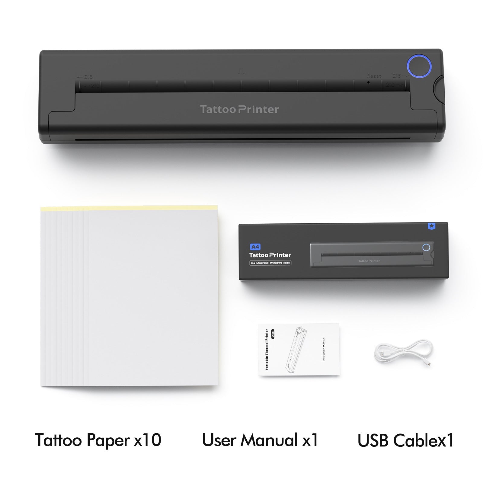 Tattoo printer with accessories including tattoo paper, user manual, and USB cable on a white background.