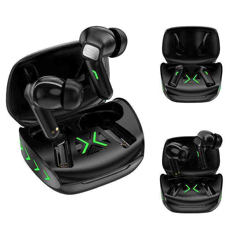 Black wireless earbuds with green accents in open and closed cases on a white background