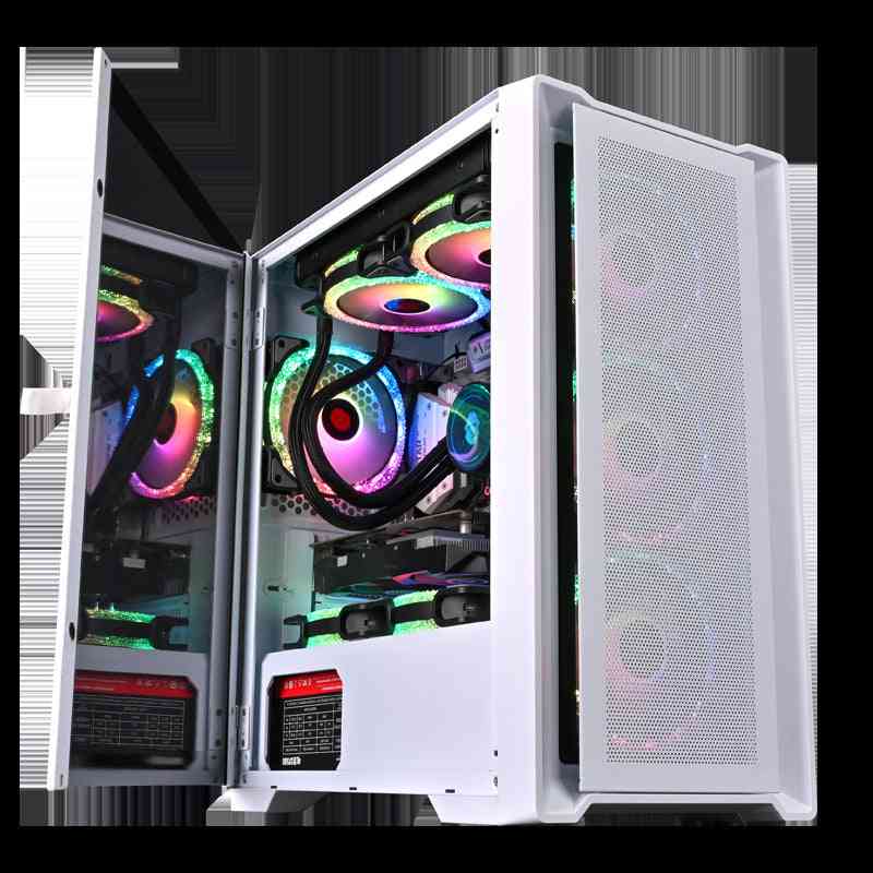 White computer case with RGB lighting and transparent side panel