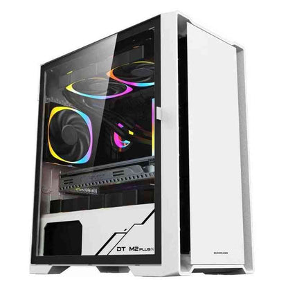 White computer case with RGB lighting on a white background