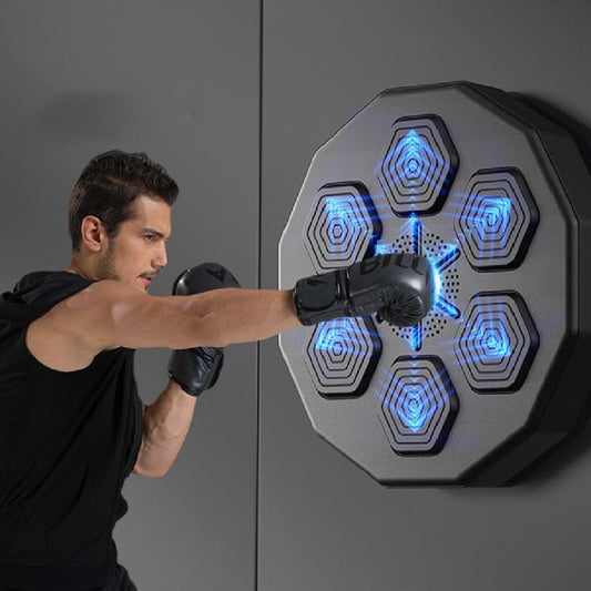 Person wearing a black glove punching a boxing bag with blue lights on a gray background