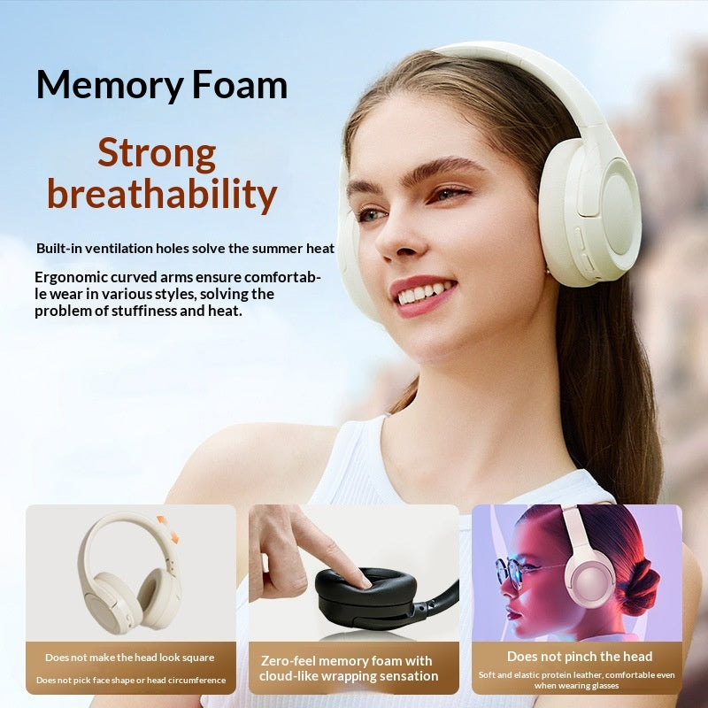 Woman wearing white headphones with text highlighting memory foam and breathability features.