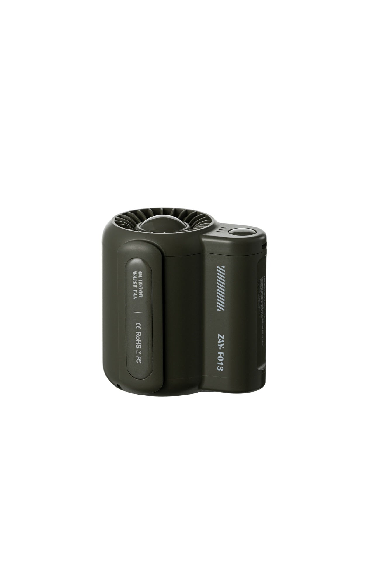 Black cylindrical device with text on a white background