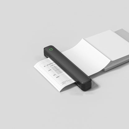 Black handheld scanner scanning a document on a light gray background