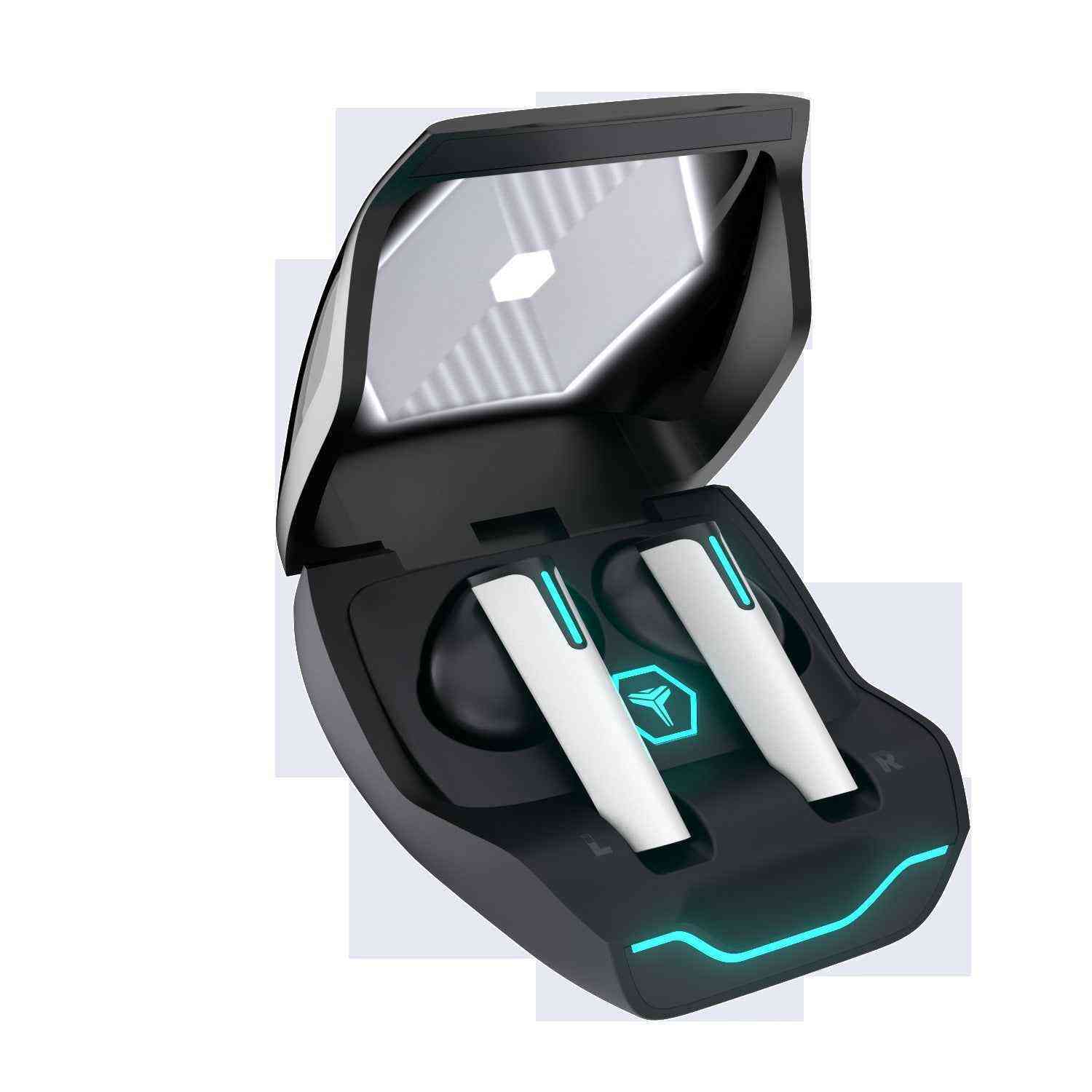 Black and white electronic device with blue accents in an open case on a white background