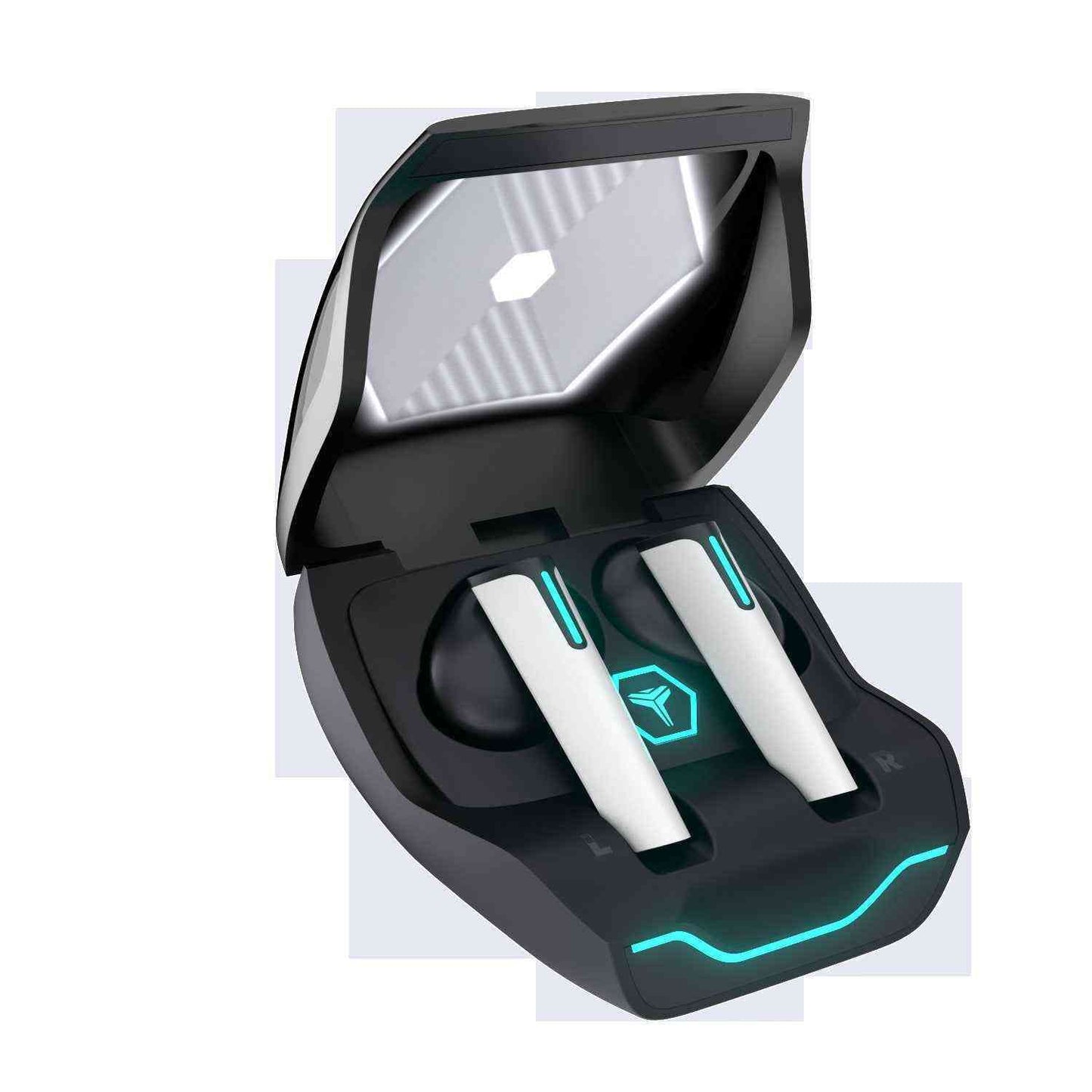 Black and white electronic device with blue accents in an open case on a white background