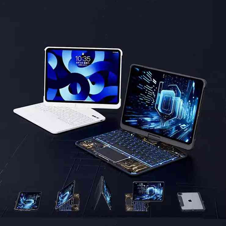 360 Swivel Keyboard Clear Case for iPad Two laptops with futuristic designs on a dark background