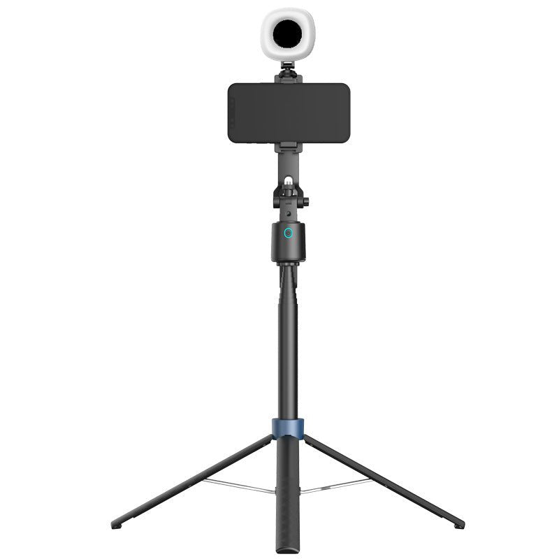 Phone mounted on a tripod with a webcam attachment on a white background