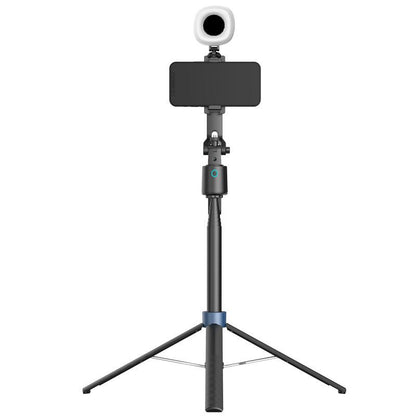Phone mounted on a tripod with a webcam attachment on a white background