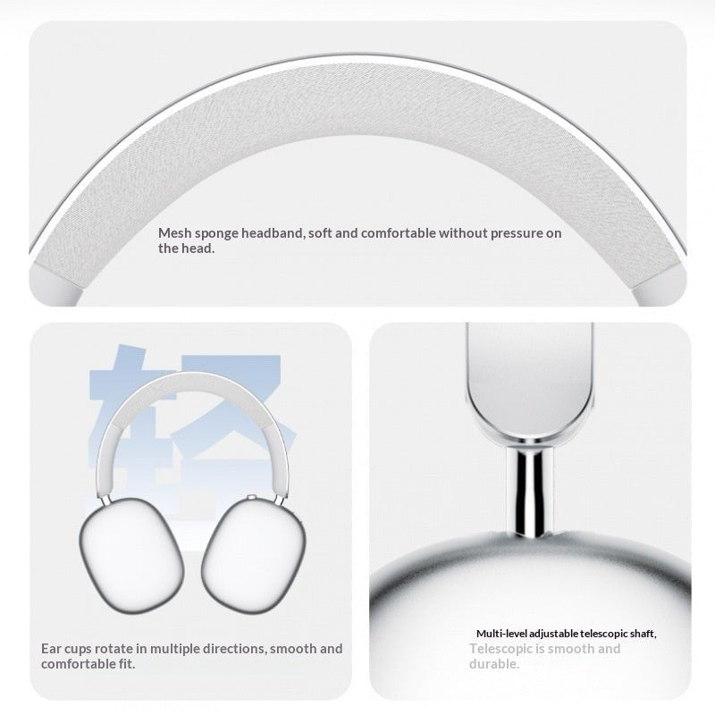 White headphones with packaging displaying features on a white background