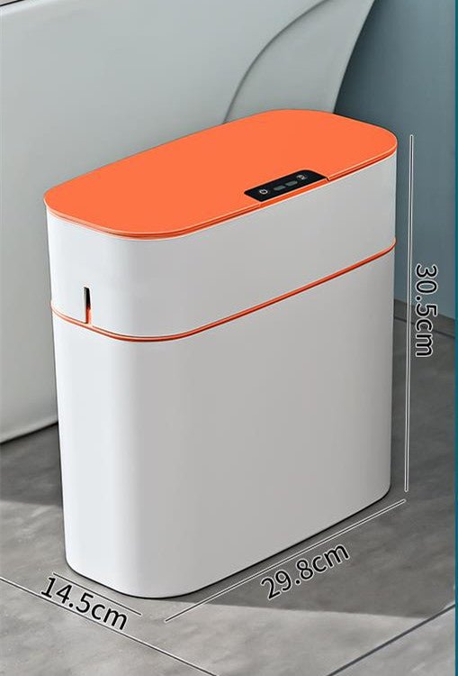 White electronic device with an orange top on a gray background, showing dimensions.