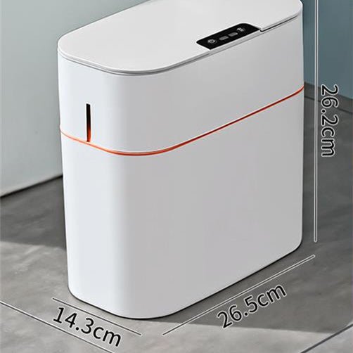 White electronic device with orange accent on a gray surface, showing dimensions.