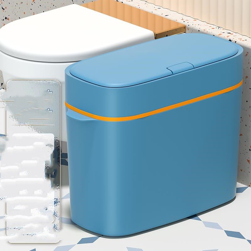 Blue trash can with an orange stripe on a bathroom floor.