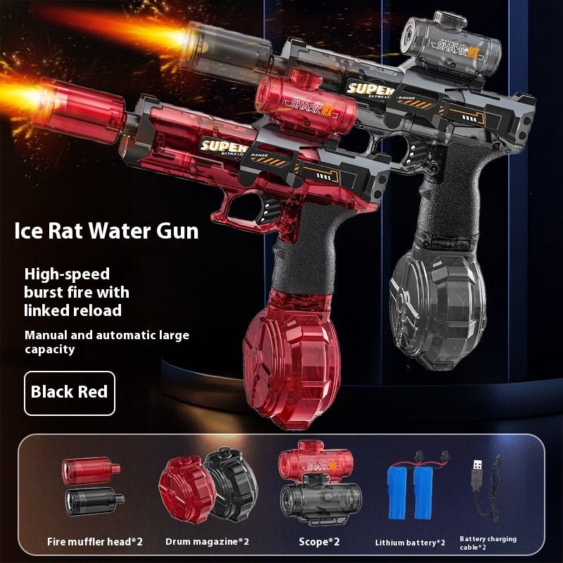Red water gun with black accents on a dark background, featuring text and product details.